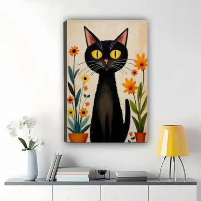 Black Cat with Sunflowers – Vibrant Floral Garden Flag Wall Art on Natural Wood Canvas