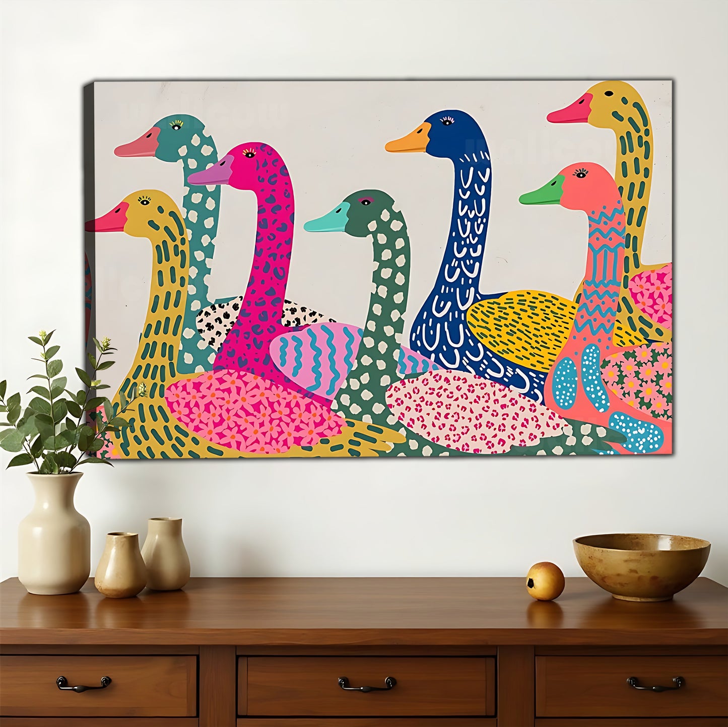 The Colorful Geometric Duck Flock – Pop Art Vibrant Wall Art on Natural Wood Canvas