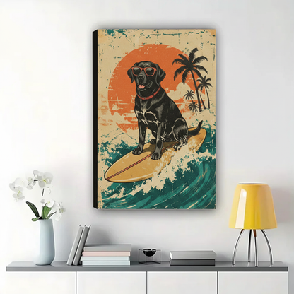 Surfing Black Labrador Wall Art – Retro Vintage Dog Canvas Print on Natural Wood Frame