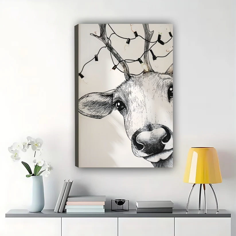 Deer Head Close-Up – Minimalist Black & White Wildlife Wall Art on Natural Wood Canvas