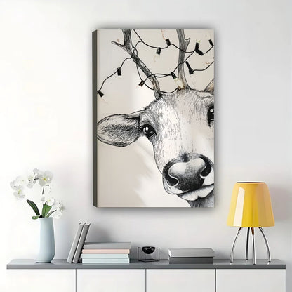 Deer Head Close-Up – Minimalist Black & White Wildlife Wall Art on Natural Wood Canvas