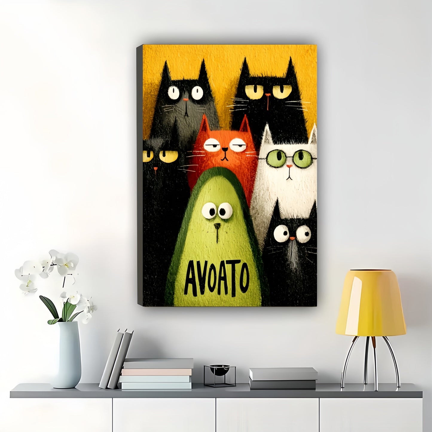 AVOATO Cats & Avocado – Funny Food Cat Wall Art on Natural Wood Canvas