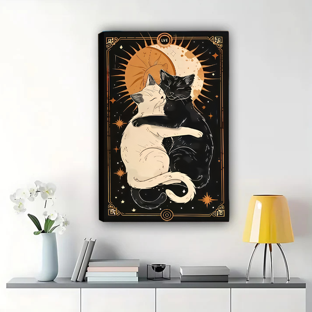 Yin Yang Cats Art Print - Sun Moon Celestial Wall Decor Canvas Wall Art