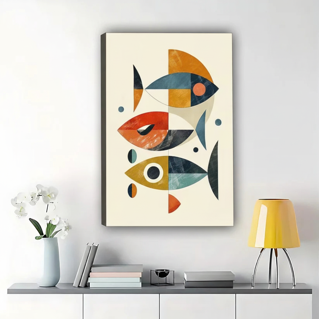 The Geometric Fish School – Minimalist Modern Wall Art on Natural Wood Canvas