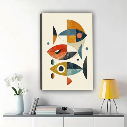 The Geometric Fish School – Minimalist Modern Wall Art on Natural Wood Canvas