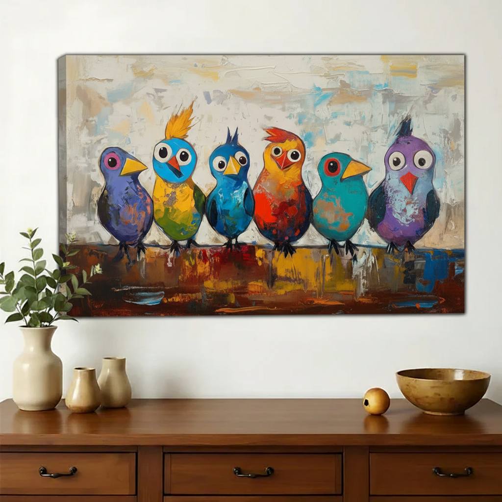 Six Colourful Birds on a Perch Wall Art – Bold Impasto Bird Canvas Print on Natural Wood Frame