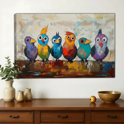 Six Colourful Birds on a Perch Wall Art – Bold Impasto Bird Canvas Print on Natural Wood Frame