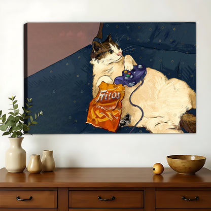 Gamer Orange & White Cat with Chips – Humorous Video Game Wall Art on Natural Wood Canvas