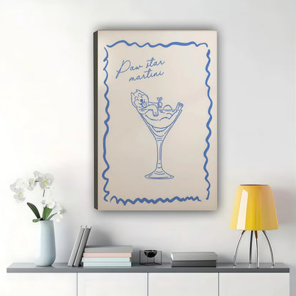 Prosecco Martini Hand Drawn – Minimalist Cocktail Bar Wall Art on Natural Wood Canvas