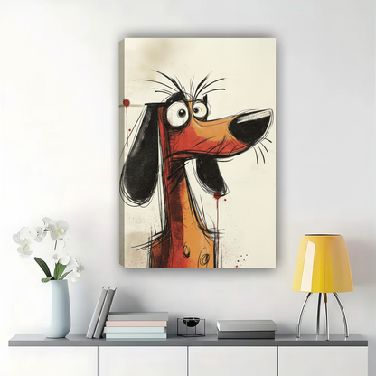 Grumpy Dachshund Sketch Wall Art – Expressive Cartoon Dog Canvas Print on Natural Wood Frame