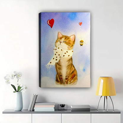 Cat with Heart Balloons Watercolor Art - Whimsical Bee and Kitten Print Canvas Wall Art