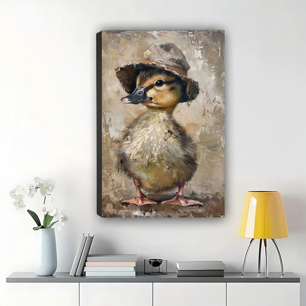 Duckling in a Bucket Hat Wall Art – Vintage Textured Animal Canvas Print on Natural Wood Frame