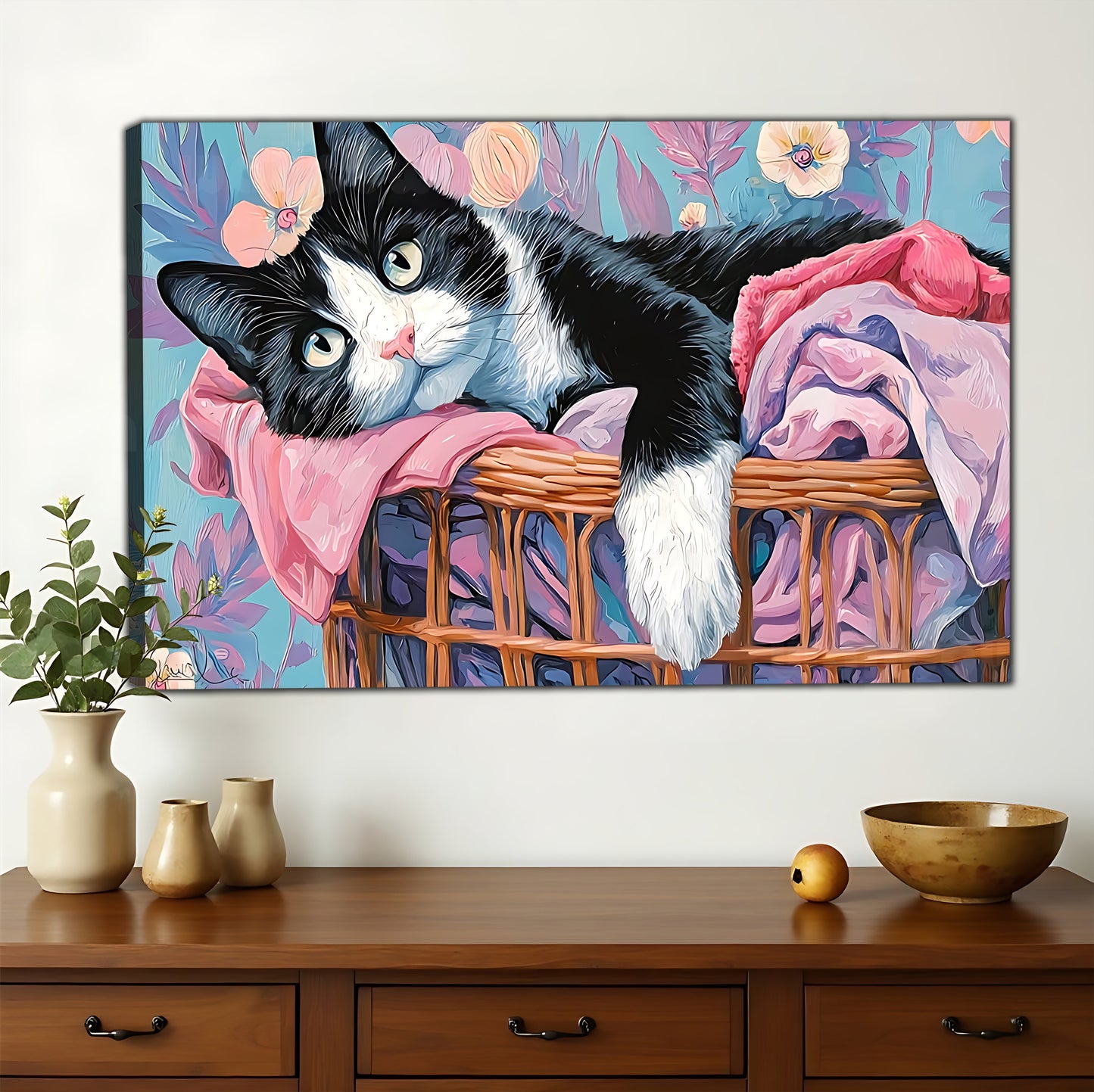 Chonky Cat Lounging in Laundry Basket – Cozy Floral Background Wall Art on Natural Wood Canvas