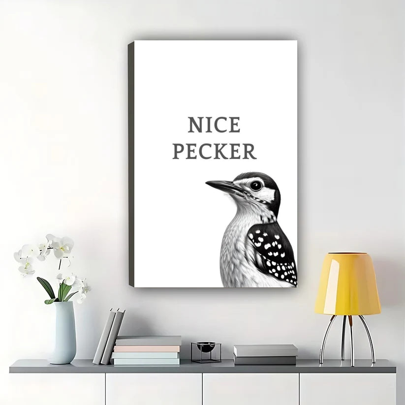 NICE PECKER Woodpecker – Humorous Minimalist Wall Art on Natural Wood Canvas