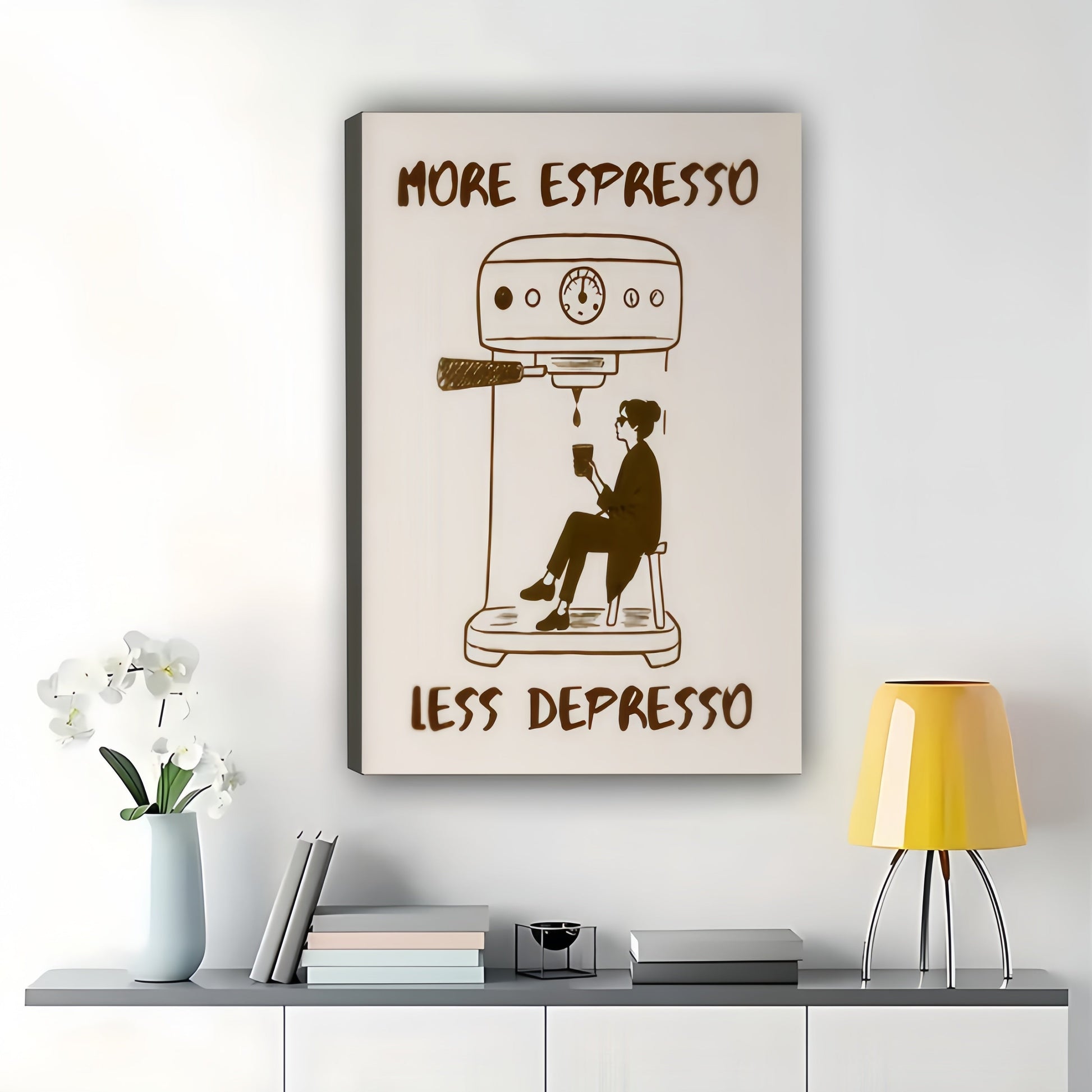 More Espresso Less Depresso Coffee Lover – Humorous Retro Wall Art on Natural Wood Canvas