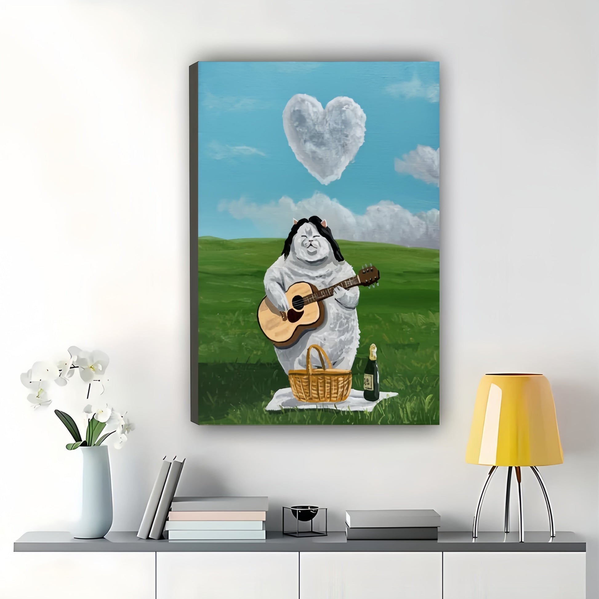 The Chubby Angel Playing Guitar – Whimsical Pastoral Wall Art on Natural Wood Canvas