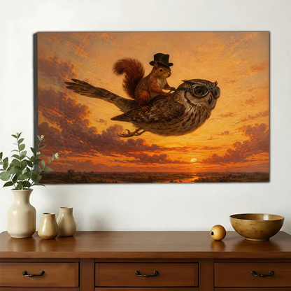 Whimsical Flying Owl & Squirrel Wall Art – Fantasy Sunset Animal Canvas Print on Natural Wood Frame