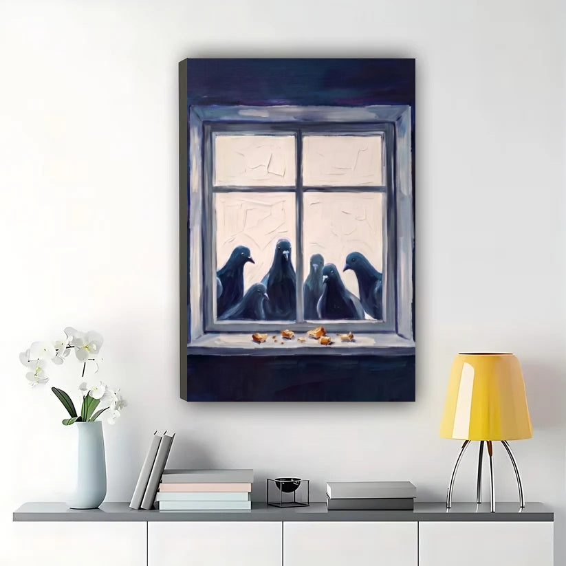 Pigeons at the Window Wall Art – Cozy Moody Bird Canvas Print on Natural Wood Frame