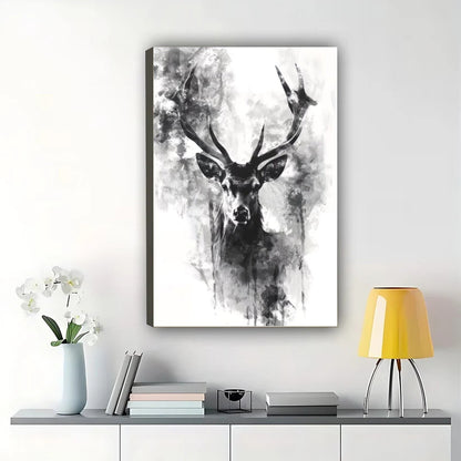 Ink Wash Stag Head Wall Art – Abstract Black & White Deer Canvas Print on Natural Wood Frame