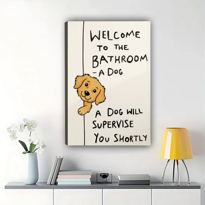 Welcome to the Bathroom Golden Retriever – Humorous Bathroom Wall Art on Natural Wood Canvas