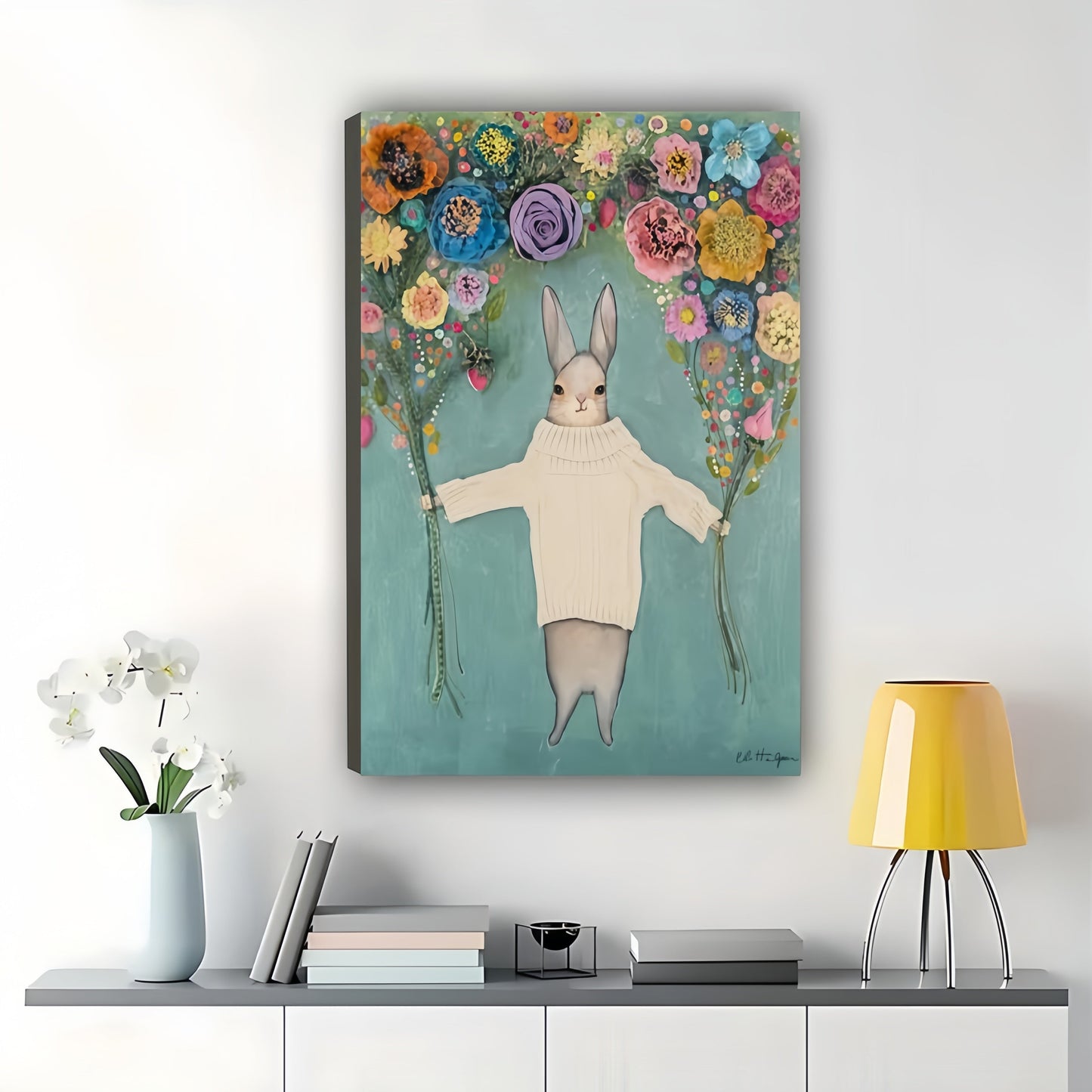 The Flower-Bouquet Rabbit – Gentle Whimsical Wall Art on Natural Wood Canvas