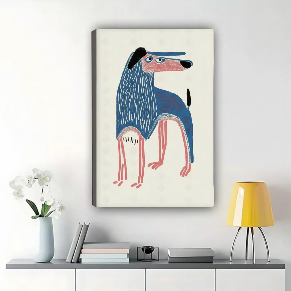 Quirky Blue Long-Legged Dog Wall Art – Outsider Art Illustration Canvas Print on Natural Wood Frame