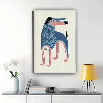 Quirky Blue Long-Legged Dog Wall Art – Outsider Art Illustration Canvas Print on Natural Wood Frame