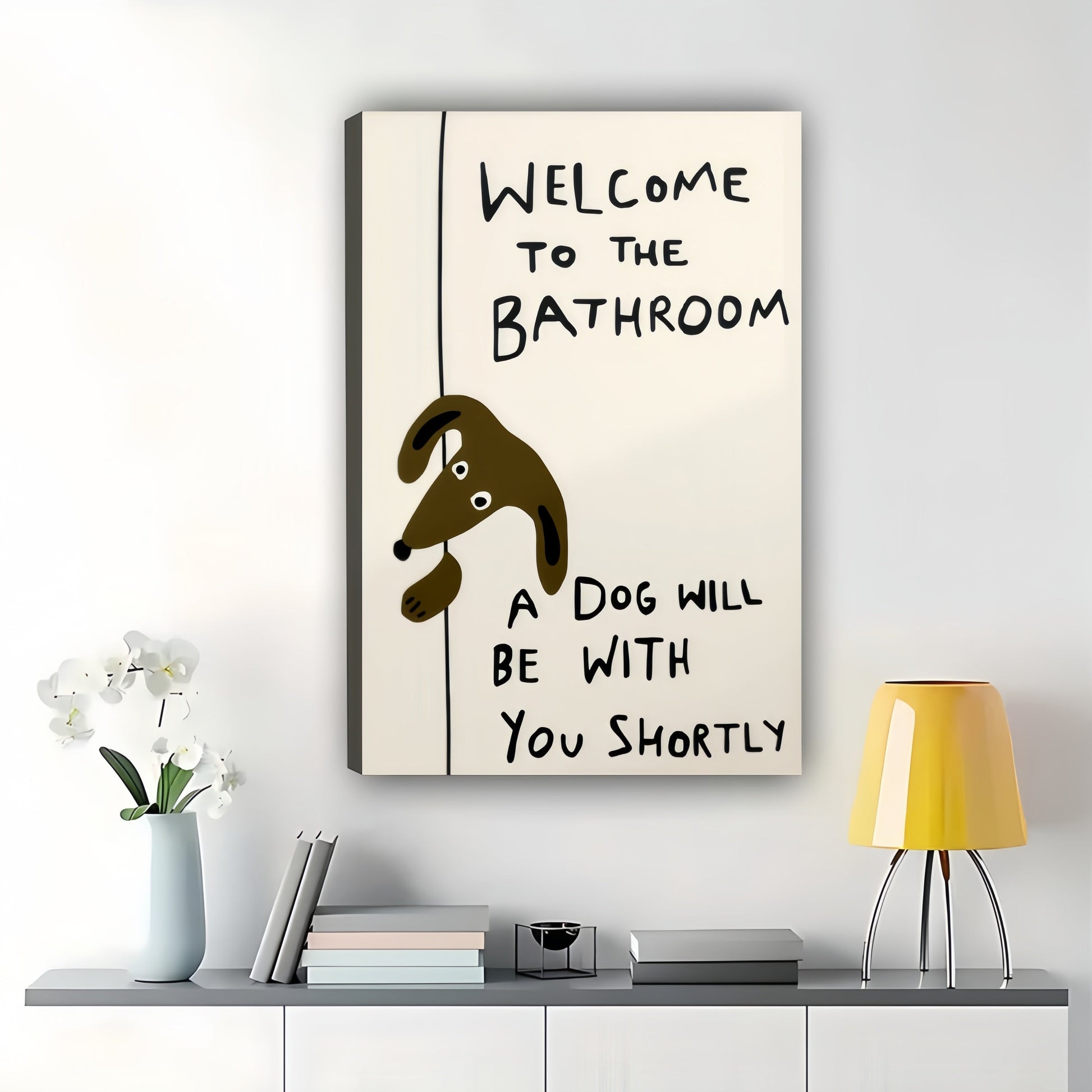 “Welcome to the Bathroom” Funny Dog – Humorous Bathroom Wall Art on Natural Wood Canvas