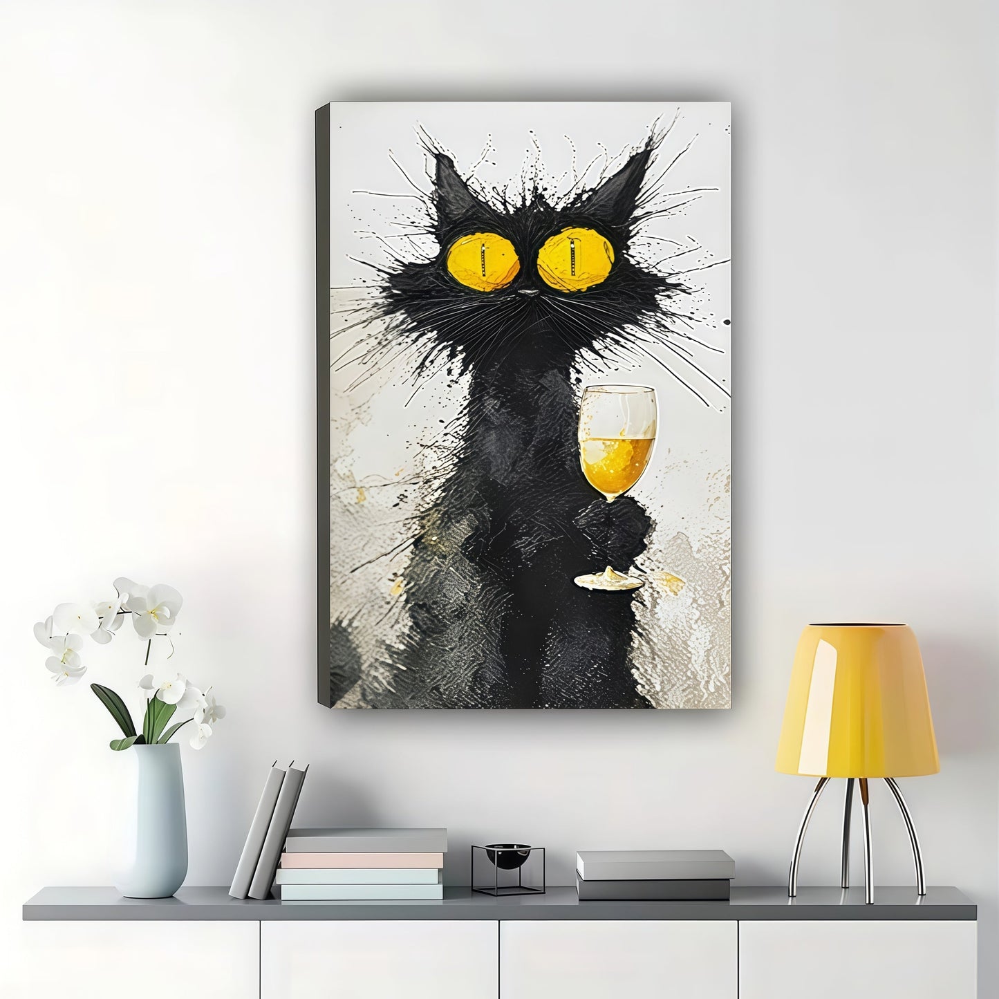 Black Cat with Champagne Glass – Whimsical Retro Wall Art on Natural Wood Canvas