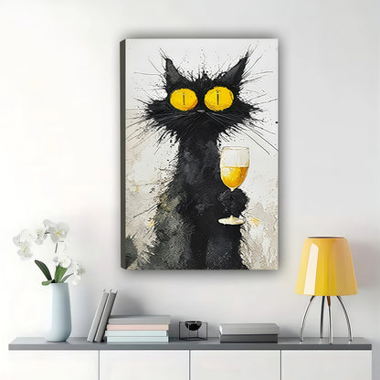 Black Cat with Champagne Glass – Whimsical Retro Wall Art on Natural Wood Canvas