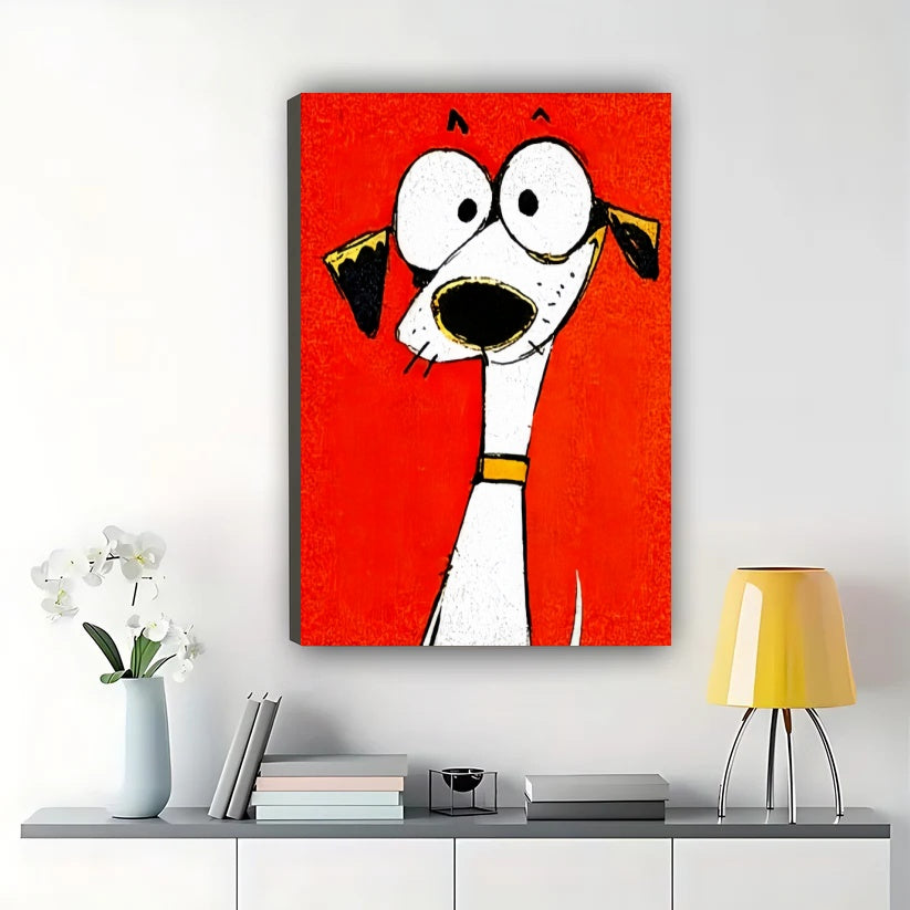Mini Cartoon Dog in Tiny Gold Frame – Playful Tiny Wall Art on Natural Wood Canvas