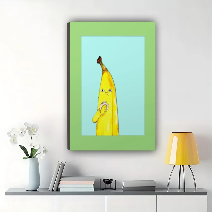 Sad Banana Wall Art – Funny Minimalist Fruit Canvas Print on Natural Wood Frame