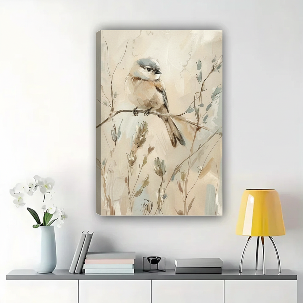 Chickadee on Winter Branch Wall Art – Soft Watercolor Bird Canvas Print on Natural Wood Frame