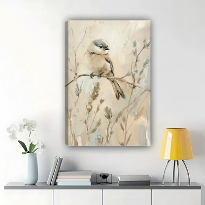 Chickadee on Winter Branch Wall Art – Soft Watercolor Bird Canvas Print on Natural Wood Frame