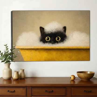 Black Cat in Yellow Bathtub Wall Art – Cute Bathing Cat Canvas Print on Natural Wood Frame