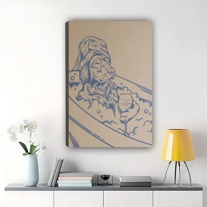 Dog in Bathtub – Vintage Sketch Bathroom Wall Art on Natural Wood Canvas