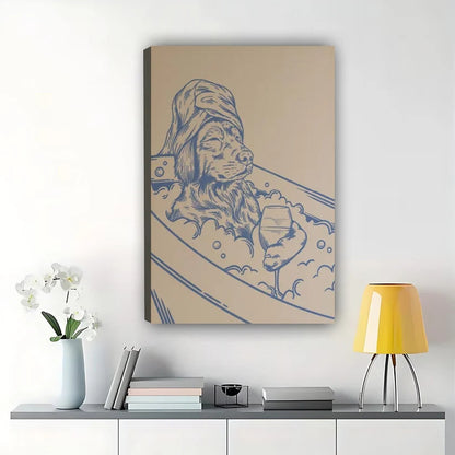 Dog in Bathtub – Vintage Sketch Bathroom Wall Art on Natural Wood Canvas