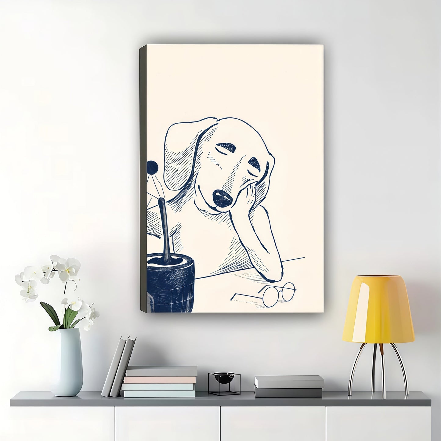 Minimalist Thinking Dog Line Art Wall Art – Cute Sleepy Puppy Sketch Canvas Print