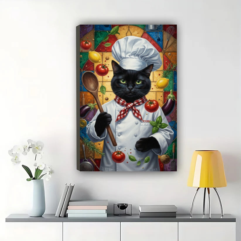 Chef Black Cat in Vintage Frame – Whimsical Culinary Pet Wall Art on Natural Wood Canvas