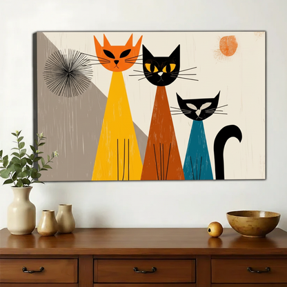 Three Cats Mid-Century Modern Wall Art – Retro Abstract Cat Canvas Print on Natural Wood Frame
