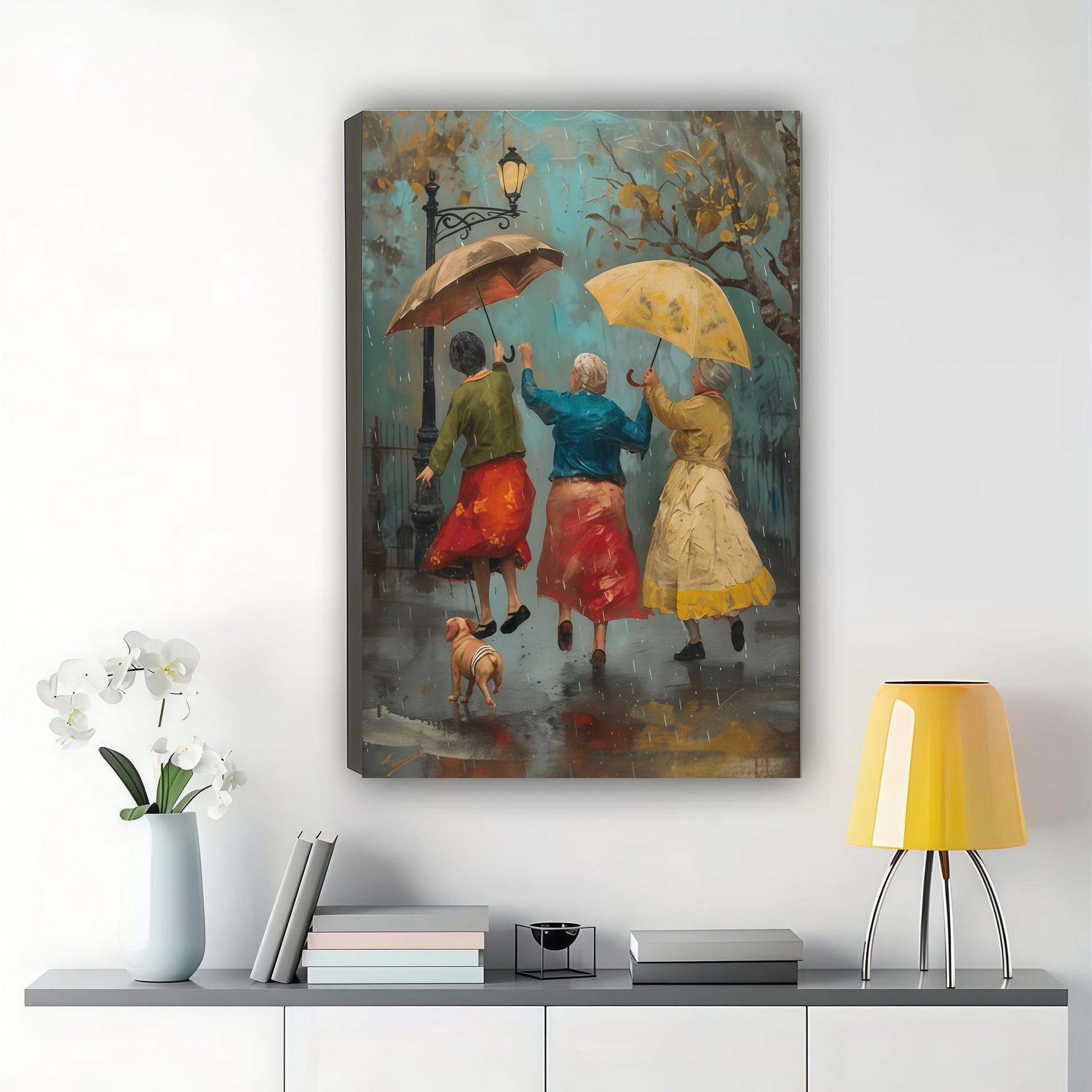 Three Women with Umbrellas Wall Art – Charming Friendship Canvas Print on Natural Wood Frame