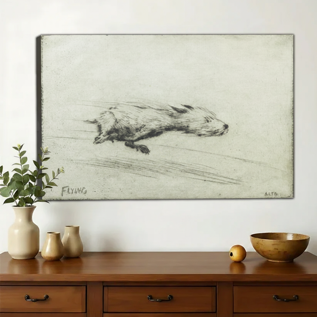 Flying Badger Vintage Sketch Wall Art – Antique Charcoal Study Canvas Print on Natural Wood Frame
