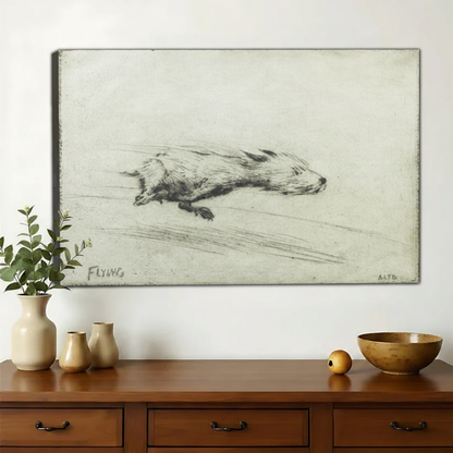 Flying Badger Vintage Sketch Wall Art – Antique Charcoal Study Canvas Print on Natural Wood Frame
