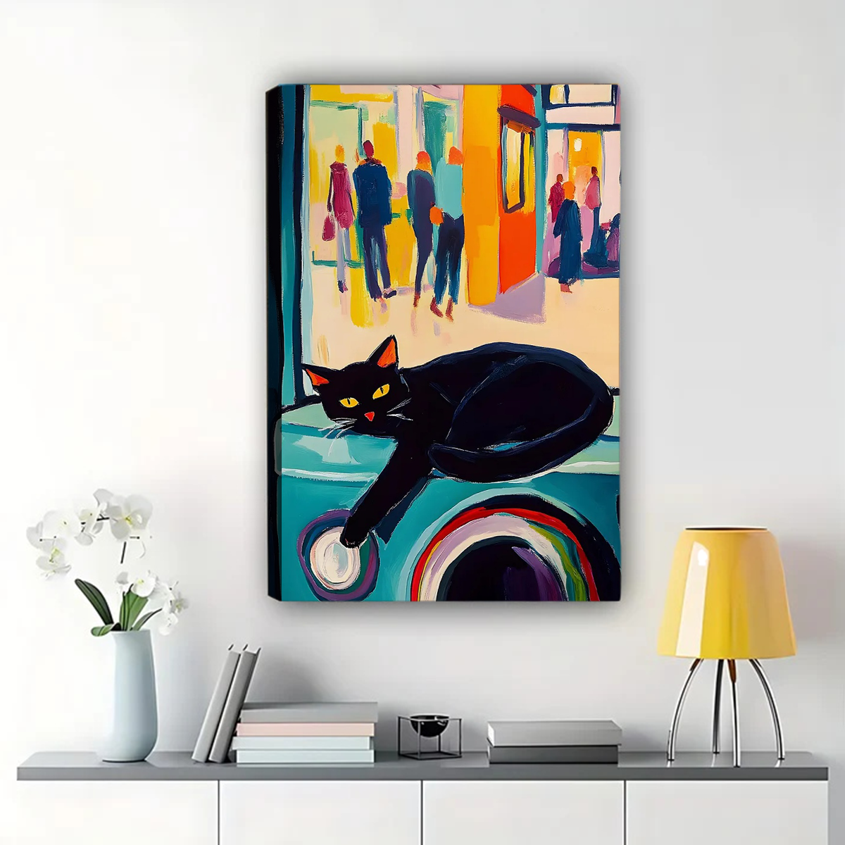 Black Cat on Windowsill Art Print - Urban Street Scene Wall Art