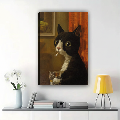 Tuxedo Cat with Cigarette & Whiskey Wall Art – Vintage Noir Canvas Print on Natural Wood Frame