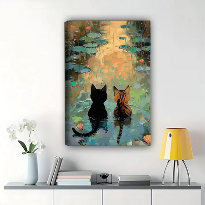 Two Cats by the Lotus Pond Canvas Art - Impressionist Water Lily Wall Decor
