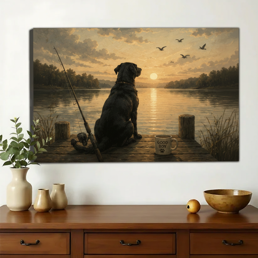 Black Labrador on the Fishing Dock Wall Art – Golden Hour Vintage Dog Canvas Print on Natural Wood Frame