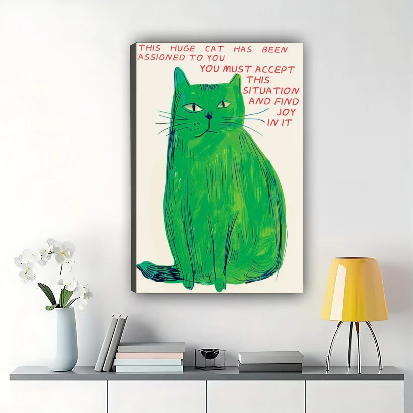 This Huge Cat Has Been Assigned to You Giant Green Cat – Uplifting Wall Art on Natural Wood Canvas