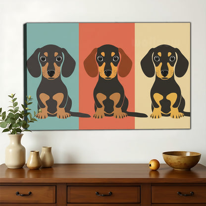 The Geometric Dachshund Trio – Modern Pet Wall Art on Natural Wood Canvas