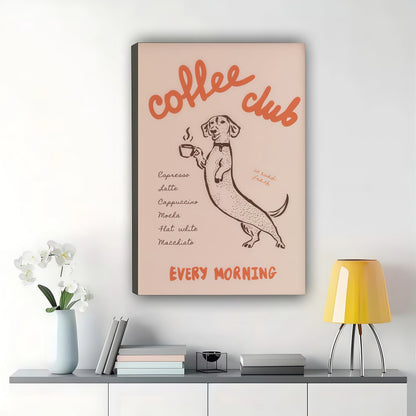 Coffee Club Dachshund – Retro Funny Dog Wall Art on Natural Wood Canvas